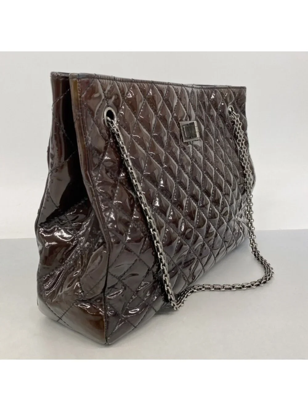 Chanel Chain Tote 2.55 Quilted Patent Leather Dark Brown Silver